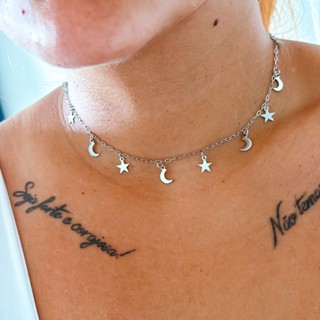 Choker E Gargantilha Luas E Estrelas Nova Aço Inox Prata