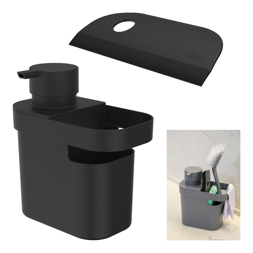 Kit Dispenser de Detergente 650ml e Organizador de Pia Porta Bucha com Rodinho Compacto Funcional OU