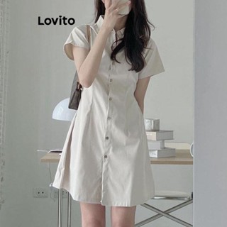 Lovito Vestido Básico Casual Com Botão Liso Na Frente Para Mulheres LNE33084 (Cáqui/Esbranquiçado)