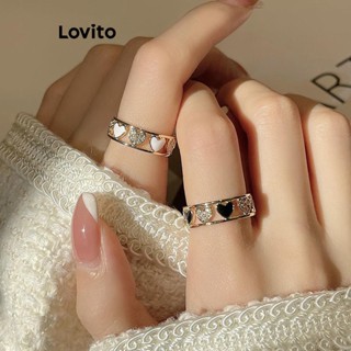 Lovito Elegante Formato De Coração Cortado Anel Aberto Leve Anéis De Temperamento De Luxo Para Mulheres LFA08555 (Branco Preto)