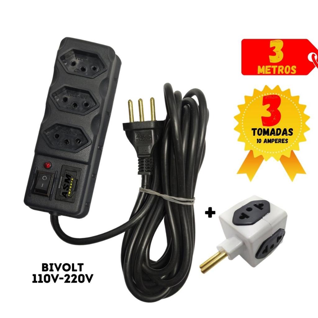 Filtro De Linha Bivolt Com 3 tomadas Regua Eletrica com 3 metros de cabo 110v 220v + Cubo Adaptador de Tomadas
