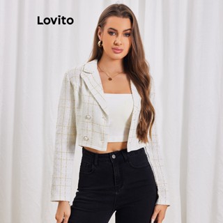 Lovito Blazer Casual Xadrez com Pérolas e Duplo Botão com Colarinho de Entalhes para Mulheres LBL06163 (Branco)