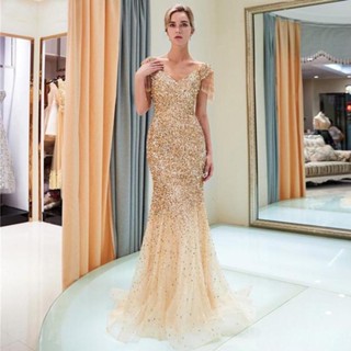 Vestidos Sexy Slim Fishtail , Maxi Longos , V Lantejoulas De Pescoço Manga Curta Festa De Casamento Extra
