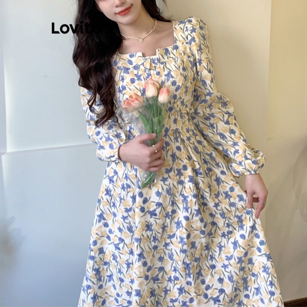 Lovito Casual Vestido Feminino Floral Franzido LNE29222 (Multicor)