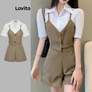 Lovito Elegante Conjunto Feminino Liso Assimétrico de Shorts com Botão L74ED216