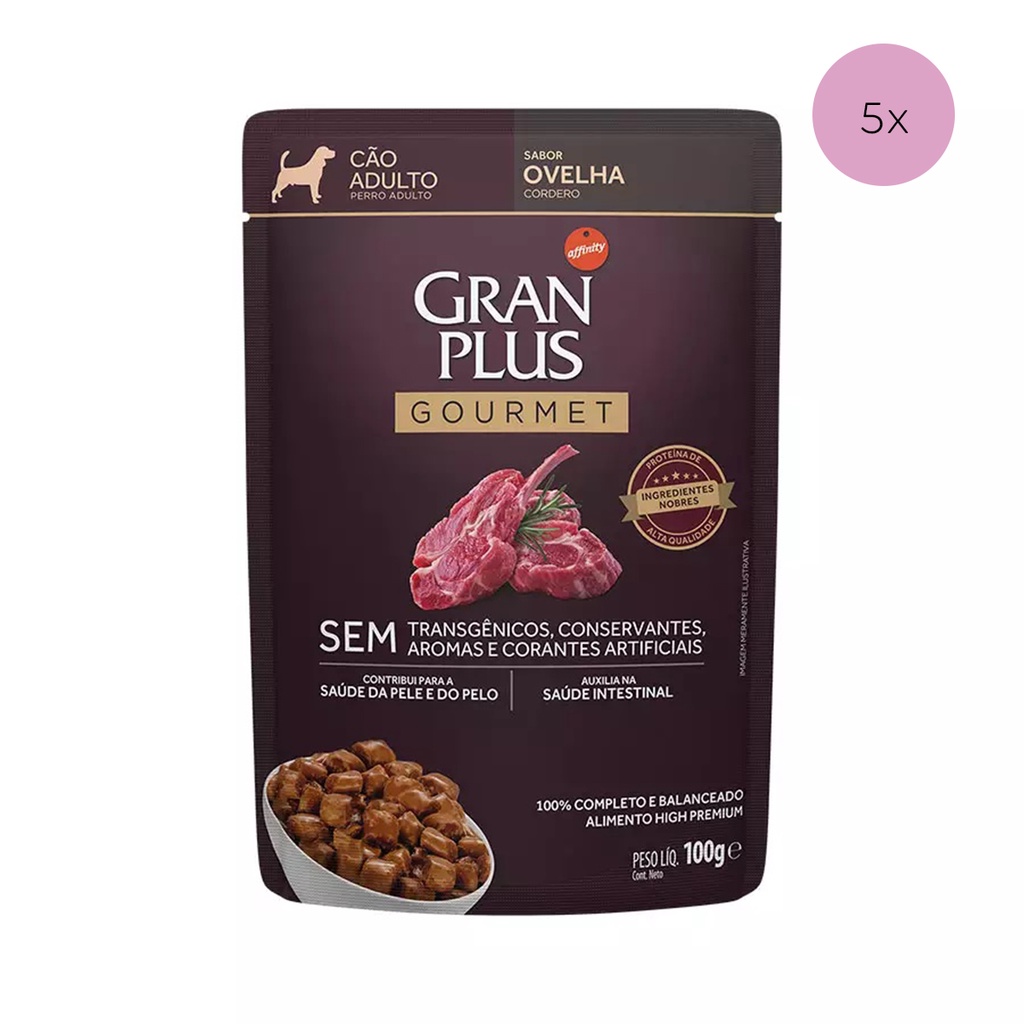 KIT 5 Ração Úmida Gran Plus Gourmet Cães Adultos Ovelha Sachê 100g em Oferta na Shopee