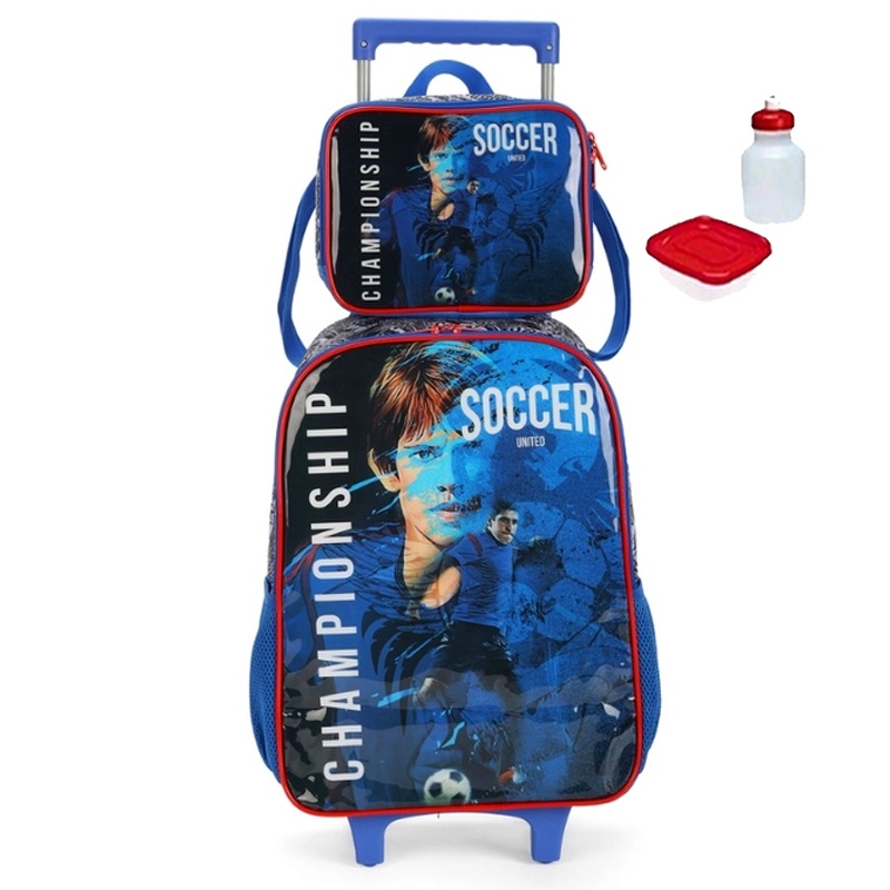 Kit Mochila Mochilete Infantil Championship Soccer Futebol Gol Escolar Reforcada Rodinhas Tamanho G Com Lancheira Termica