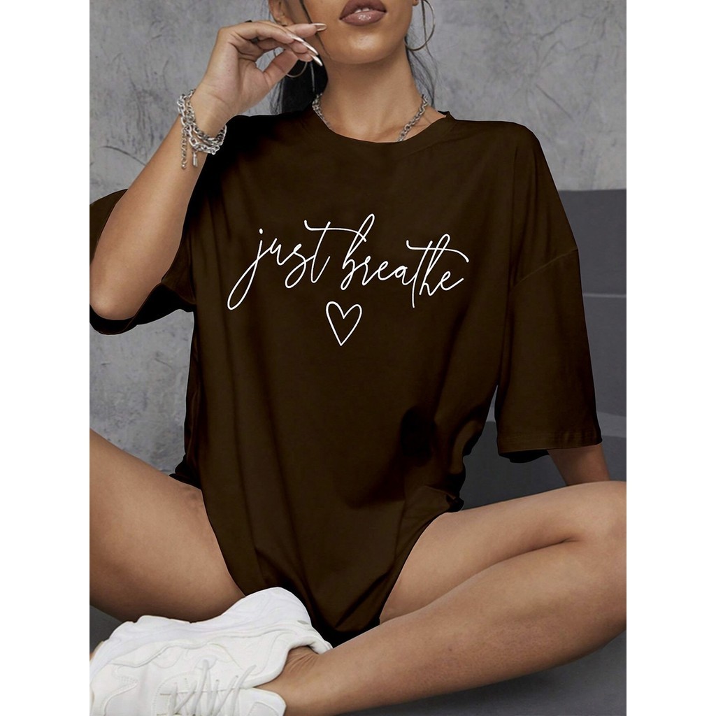 Blusa Just Breathe Manga Curta Oversized Confortável Feminina T Shirt Camiseta Oversized Academia