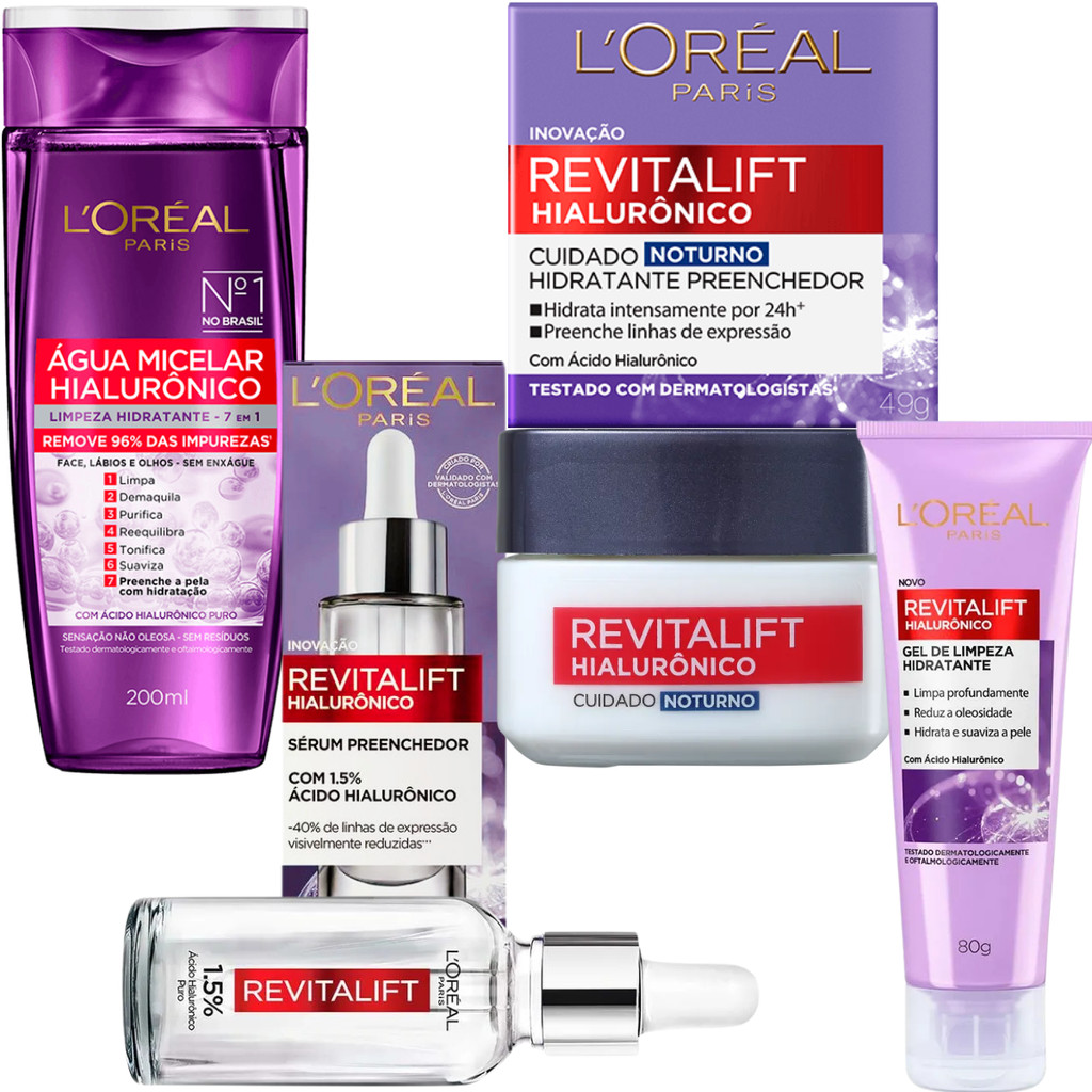Kit Revitalift Ácido Hialuronico Gel de Limpeza Sérum Preenchedor Água Micelar Creme Hidrat Noturno