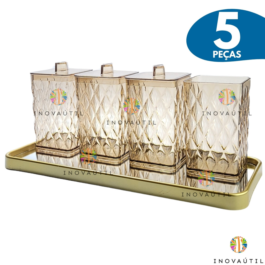 Kit Banheiro Bandeja-Espelho Dourada Porta Escova Algodão Cotonete 5 Peças Lavabo Luxo