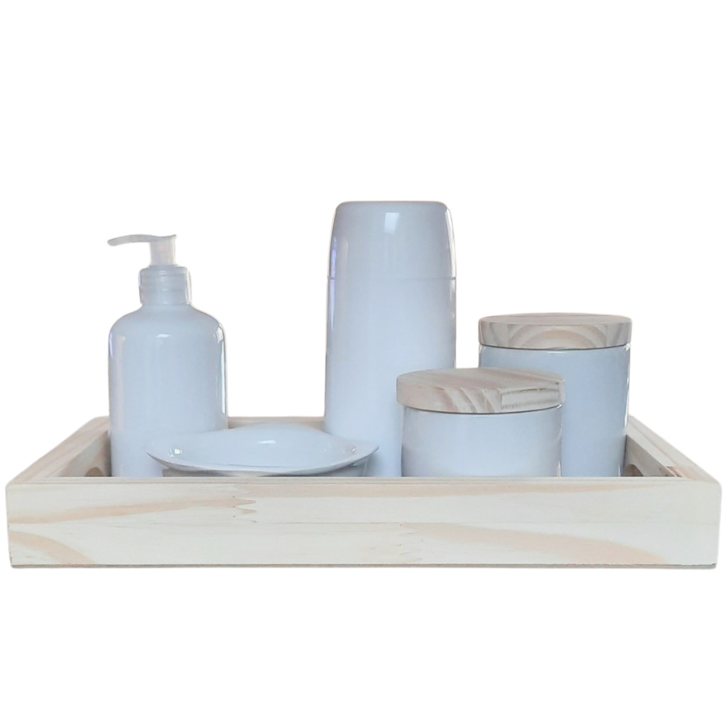 Kit higiene bebê 6 peças - Bandeja, Garrafa térmica, potes, porta álcool e molhadeira -Peças porcelana bandeja e tampas