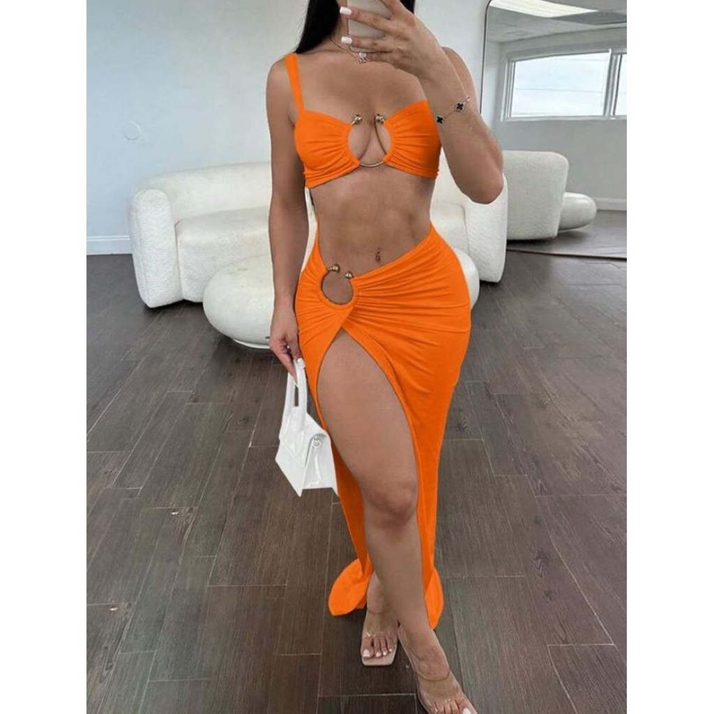 Conjunto Cropped alcinha com argola na frente e Saia longa com argola liso festas carnaval coloridos em Oferta na Shopee