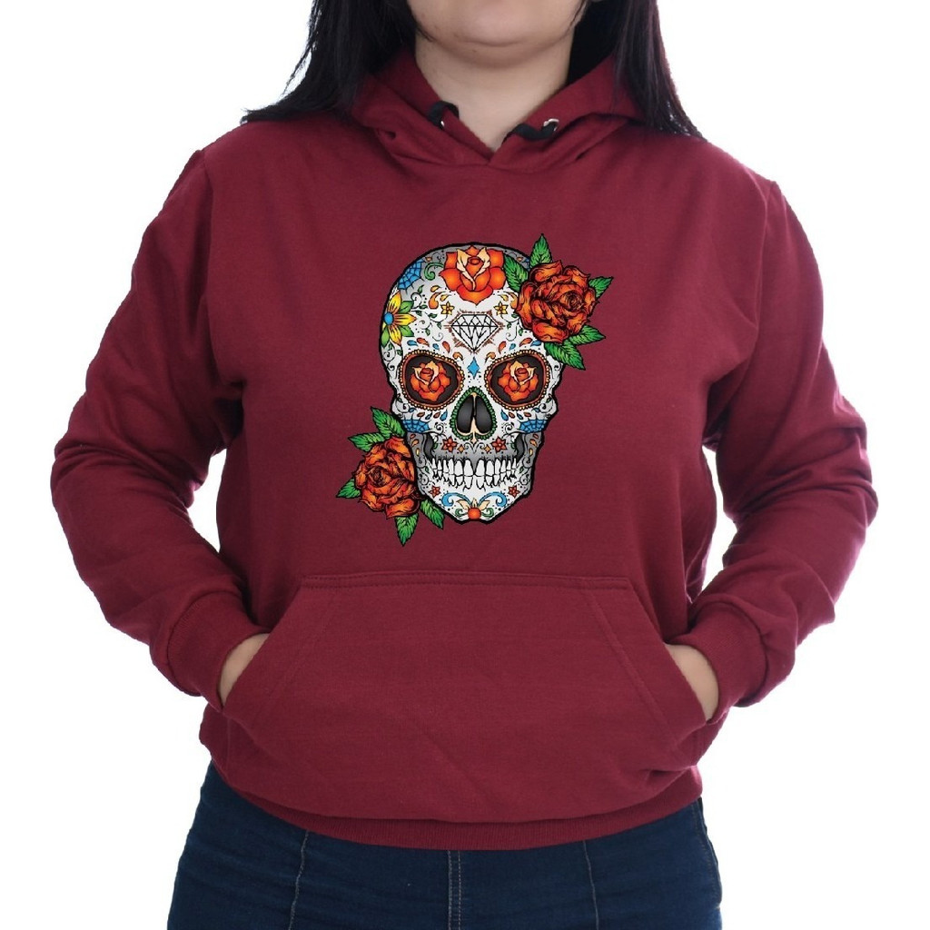 Blusa Moletom Feminina Canguru Caveira Mexicana Flor Rosa