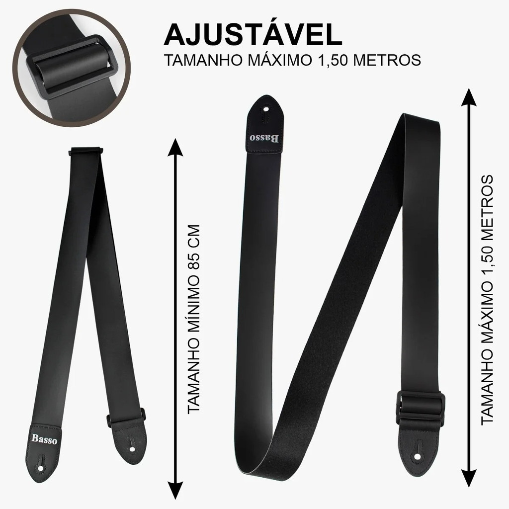 Correia Basso P/ Guitarra Baixo Violão Couro Preto Simples - detalhe