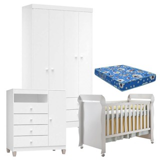 Quarto de Bebê 4 Portas Ternura Baby com Berço Mirelle Branco Brilho com Colchão - Incorplac em Oferta na Shopee