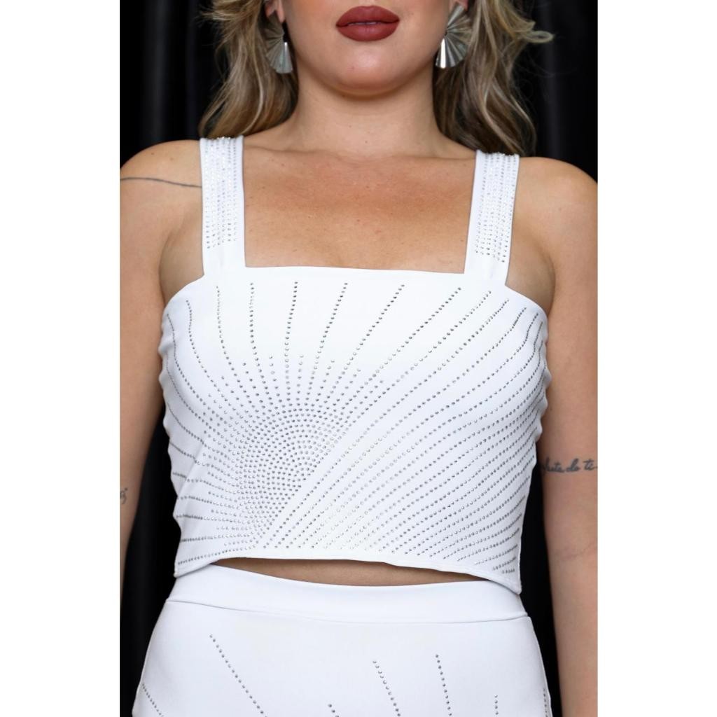 carnaval Cropped Brilho com bojo luxo tamanho único Mavi Branco