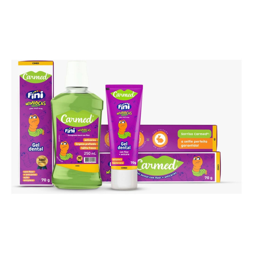 Kit Enxaguante Bucal e Gel Dental Carmed Fini Minhoca