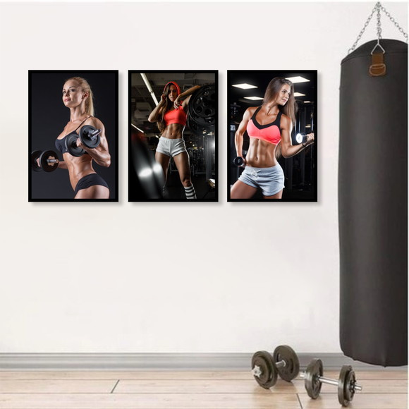 Quadros Decorativo 3 peças 20x30 Mosaico Mdf Alta Resolução Full HD Academia Fitness Mulheres Malhação