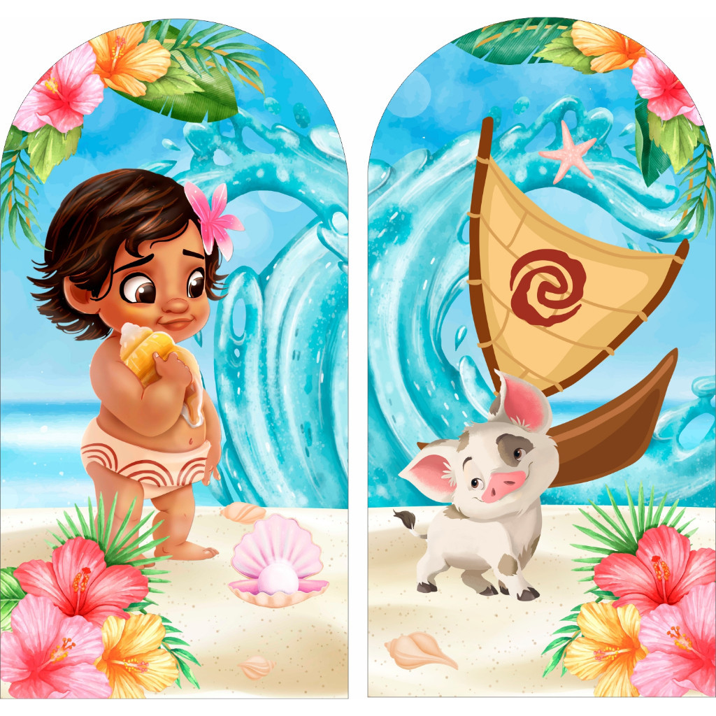 KIT PAINEL DE FESTA LATERAL MOANA CUTE BABY E PORQUINHO - 2 ROMANOS 2X1 EM TECIDO SUBLIMADO