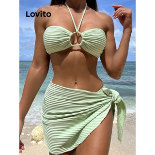 Lovito Casual Conjunto de Biquíni Liso Amarrado de Jacquard com Argola 3 em 1 LNE27049 (Rosa/Verde)