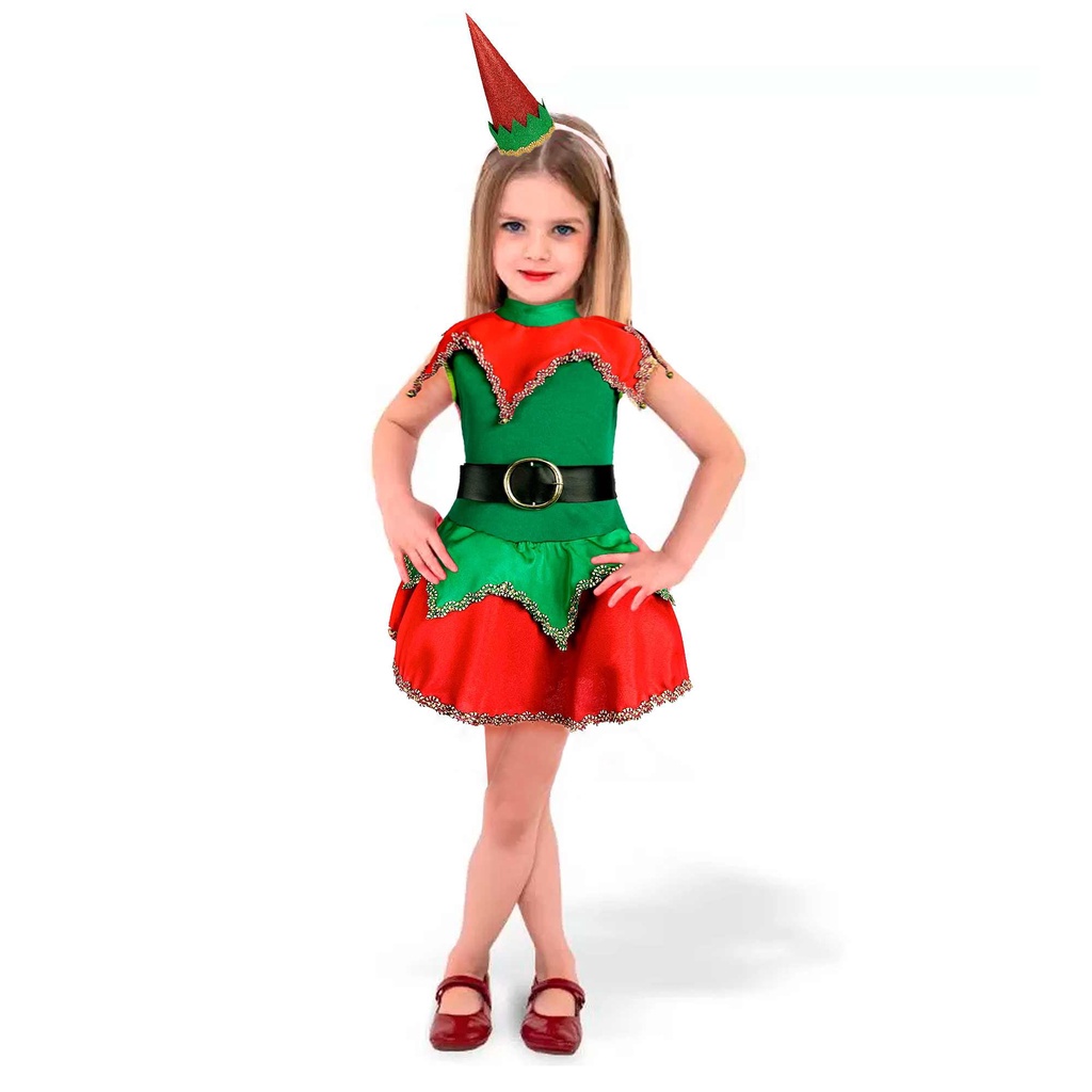 Fantasia Duende de Natal Feminina Infantil Com Chapéuzinho