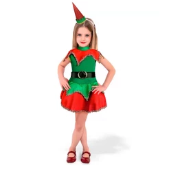 Fantasia Duende de Natal Feminina Infantil Com Chapéuzinho