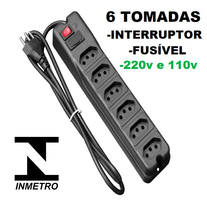 Regua de tomadas com 6 tomadas filtro de linha para eletrônicos material em PVC ANTI CHOQUE ELÉTRICO shipping