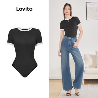 Lovito Body Básico com Amarração de Contraste para Mulheres L62ED069 (Preto)