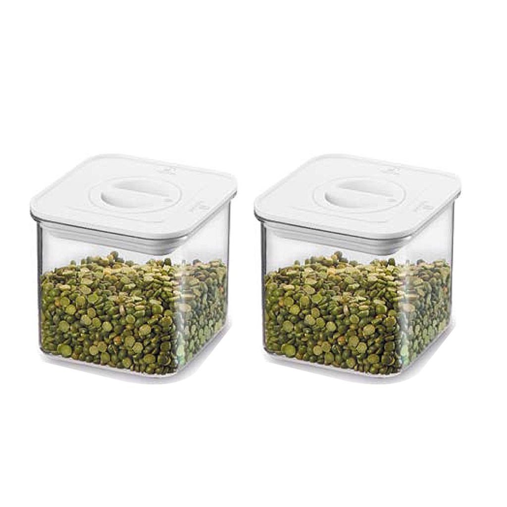 Kit 2 Potes Mantimento Quadrado Hermético 600ml Tampa Branca Com Trava Giratória Vedação Silicone Empilhável em Acrílico