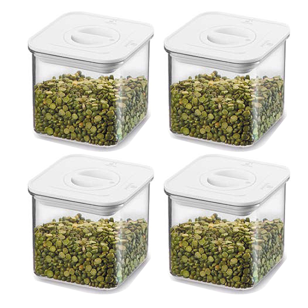 Kit 4 Potes Mantimento Quadrado Hermético 600ml Tampa Branca Com Trava Giratória Vedação Silicone Empilhável em Acrílico