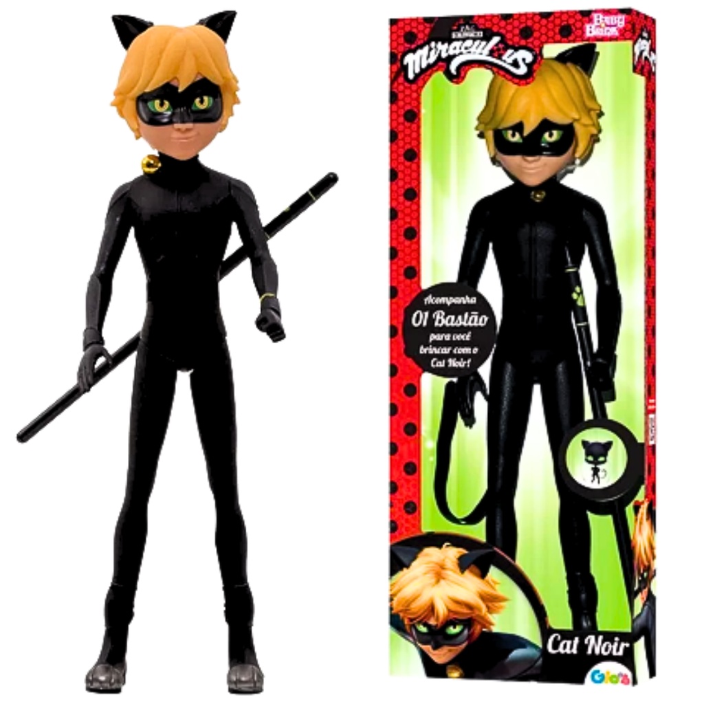 Boneco Miraculous Cat Noir Original Infantil 56cm Com Bastão Figura De Ação Articulado Em Vinil Para Meninos