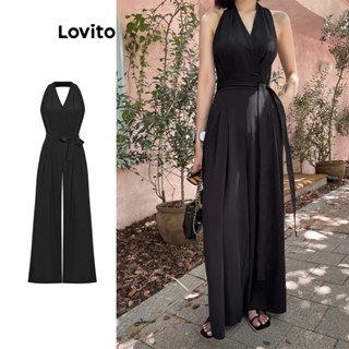 Lovito Elegante Liso Macacão Feminino de Frente Única L65ED194 (Preto)