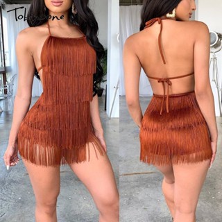 Tobinoone Tassel vestidos de verão mulheres sem costas clube casual mini vestido sexy bandagem festa bodycon vestido