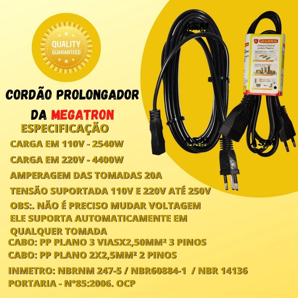 Extensão Elétrica 20A 3 Pinos e 2 Pinos p alta potencia Cordão prolongador curvo 1,5 Metros Megatron