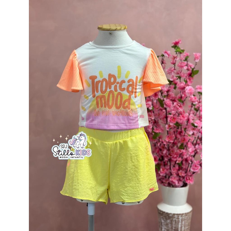Conjunto Infantil Mon Sucre Verão Com Shorts E Blusa Branca Tropical