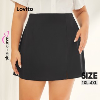 Lovito Saia Dividida com Zíper Lisa e Elegante Plus Size Curve para Mulheres LPS11045 (Preto)
