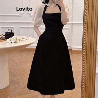 Lovito Elegante Vestido Feminino Liso Falso 2-em-1 LNE24291 (Preto)