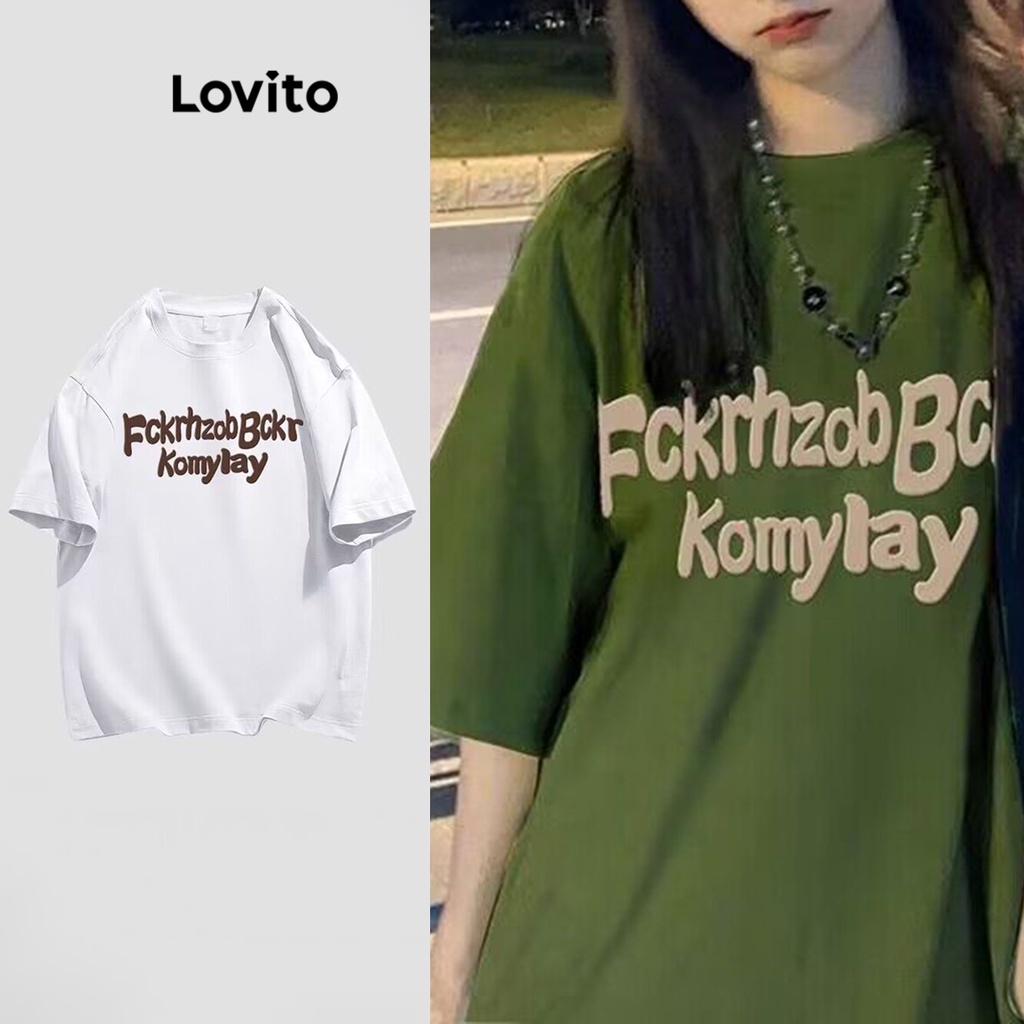 Lovito Camiseta Feminina Casual Com Estampa De Letras LNE35131 (Azeitona/Branco/Borgonha/Preto)