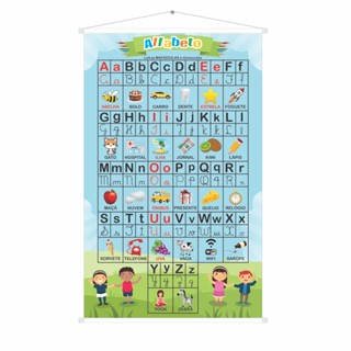 Banner Escolar Alfabeto Ilustrado - Banner Pedagógico para Apoio Alfabetização - Letras Cursivas