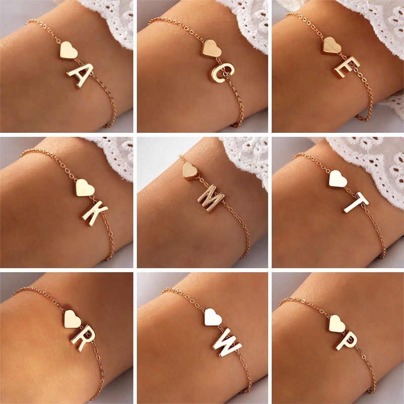 26 Letras Pulseira Para Mulher Moda Alfabeto Coração Simples Pingente Ouro Cor Jóias Festa De Aniversário em Oferta na Shopee