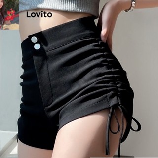 Lovito Shorts Casuais Lisos Com Franzidos Com Cadarço Para Mulheres LNA34097 (Preto)