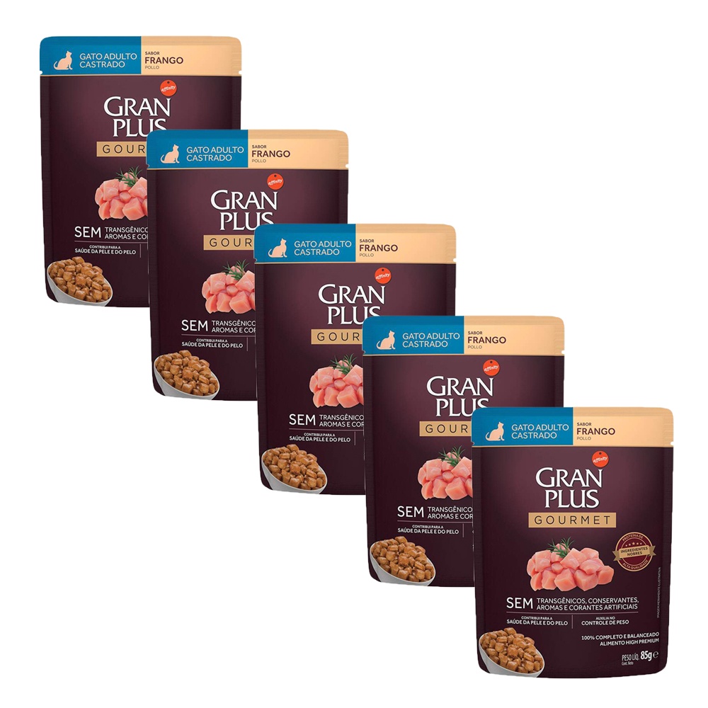 KIT 5 Ração Úmida Gran Plus Gourmet Gatos Adultos Castrado Frango Sachê 85g em Oferta na Shopee