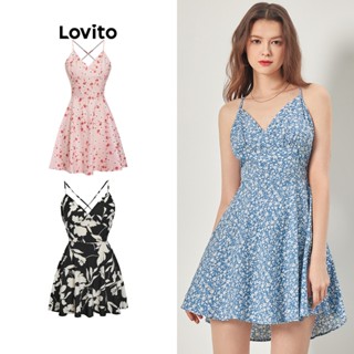 Lovito Boho Vestido Feminino Floral Evasê com Laço Traseiro e Recorte L68ED192 (Azul/Preto)