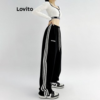 Lovito Casual Calça Feminina Lisa Colorblock com Cintura Elástica e Bolsos LNA29403 (Preto)