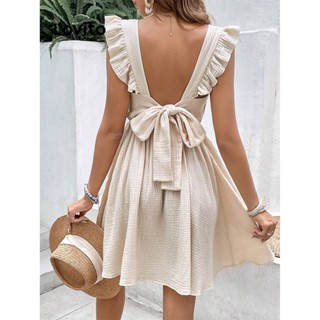 Lovito Vestido Boho Liso Com Babado Nas Costas Para Mulheres LBL07082