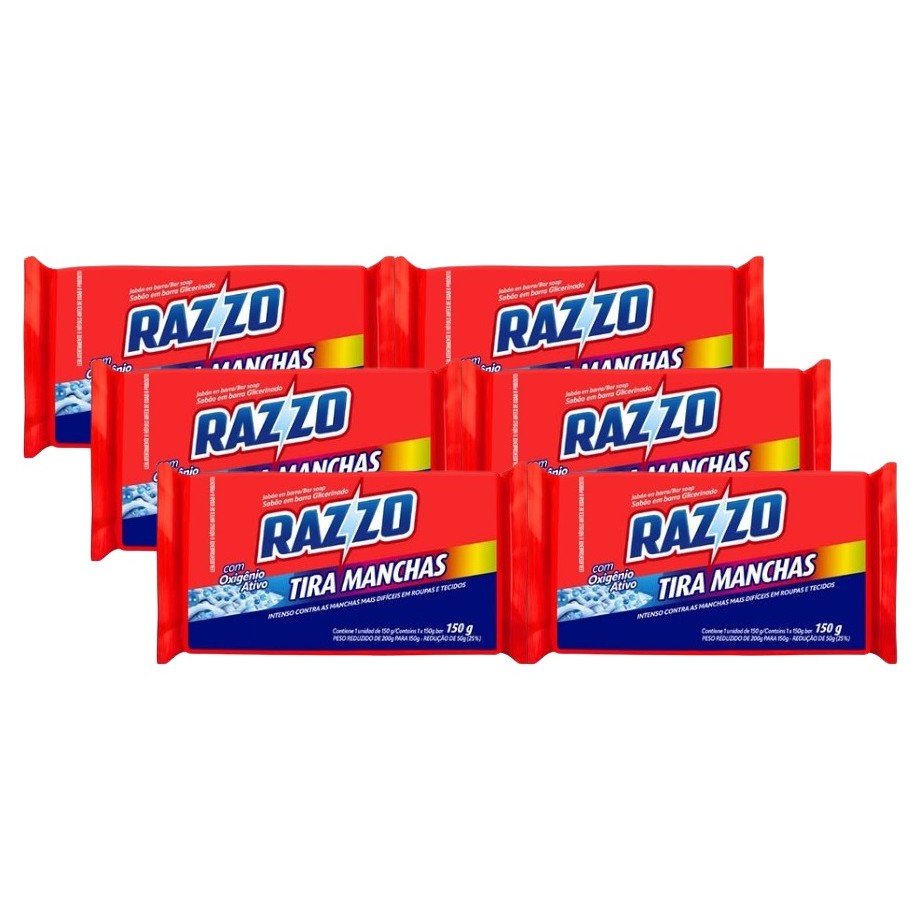 kit 6 Tira Manchas Razzo Roupas Coloridas Delicadas Barra 150g em Oferta na Shopee
