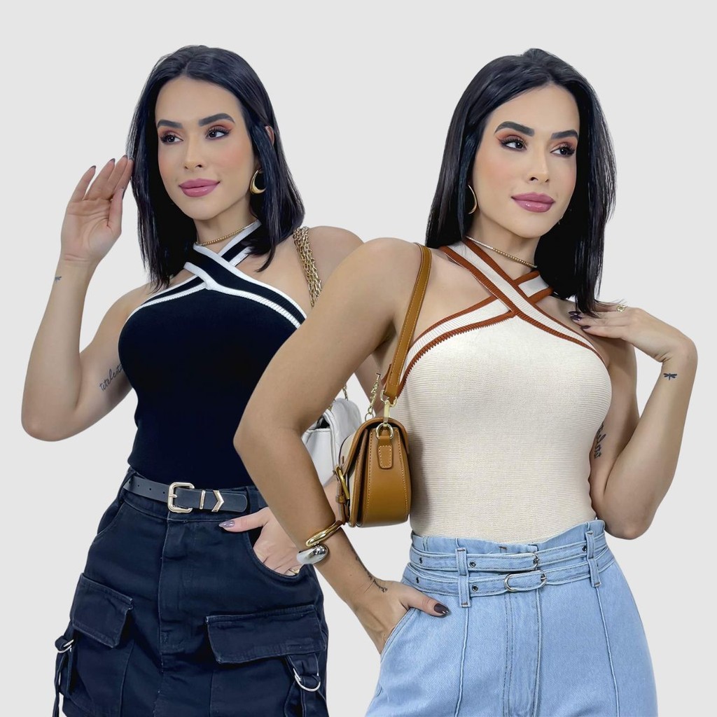 Kit 2 Cropped Tricot Modal Decote Transpassado Moda Gringa