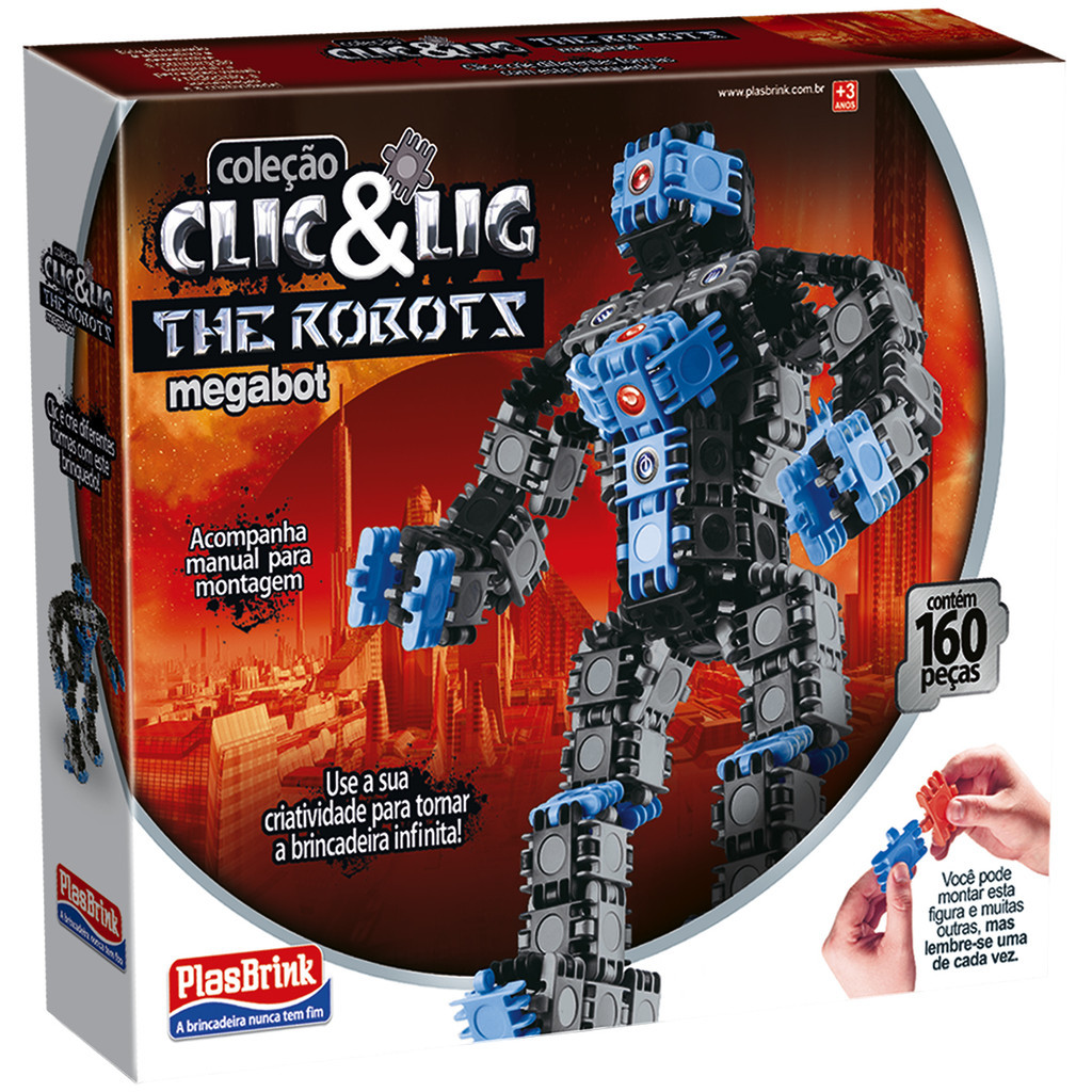 Brinquedo Clic & Lig The Robots Megabot Infantil Educativo 160 Peças Montar Desmontar Plasbrink