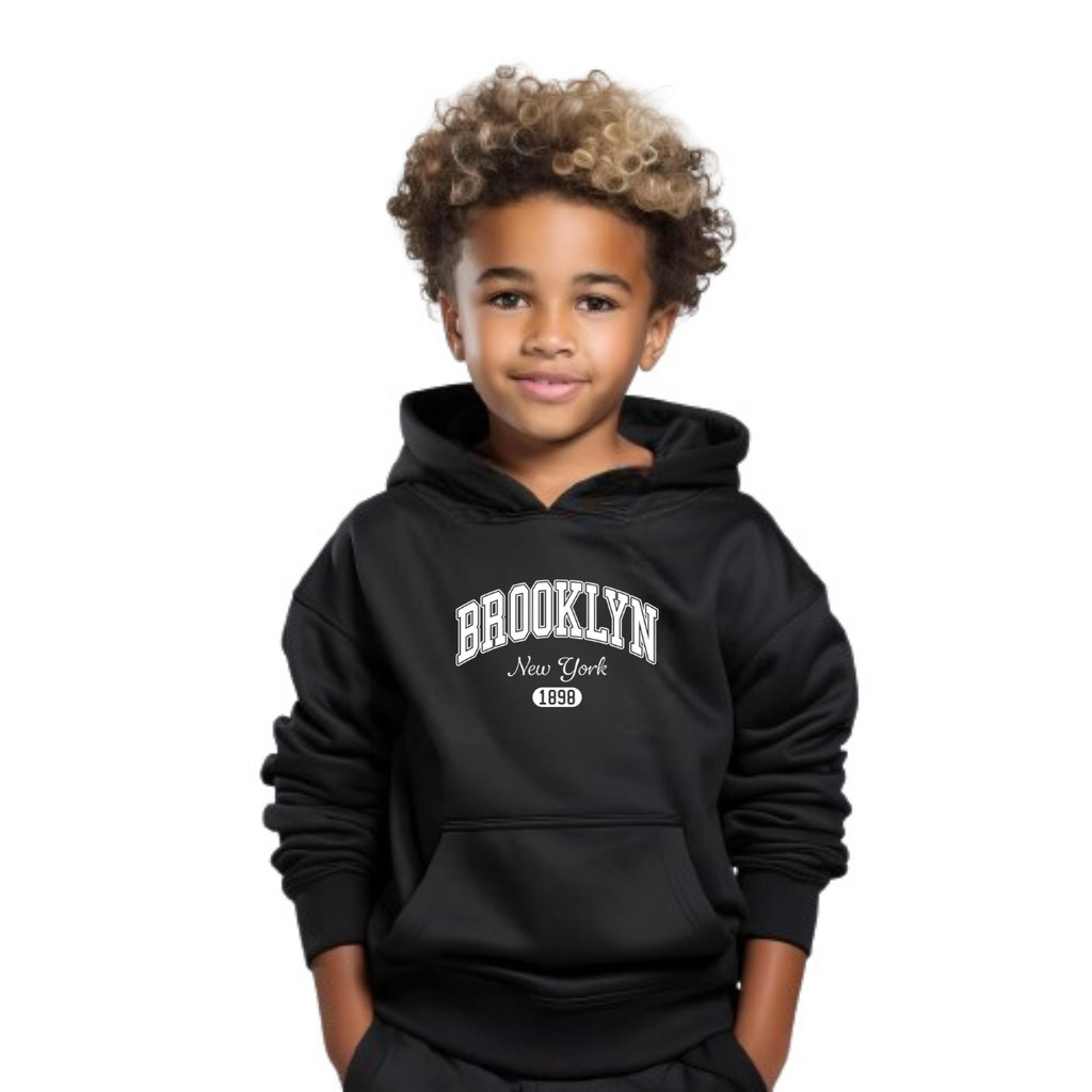 Moletom Infantil Estampado  peluciado Brooklyn New York Peluciado Blusa Com Capuz Canguru