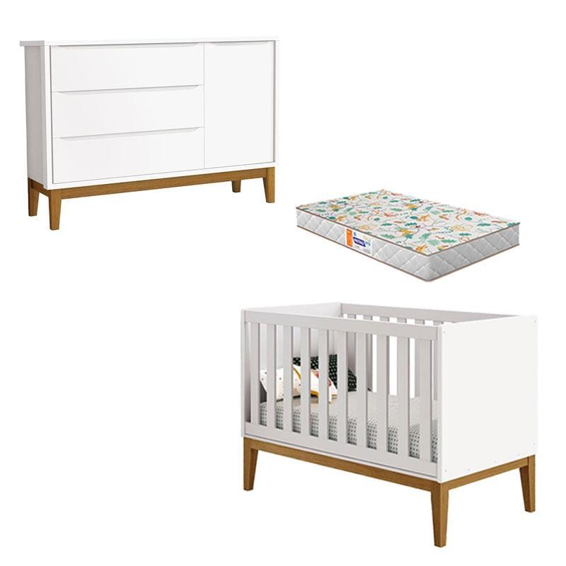 Berço Americano e Cômoda New Classic Branco com Pés Madeira e Colchão Gazin – Reller